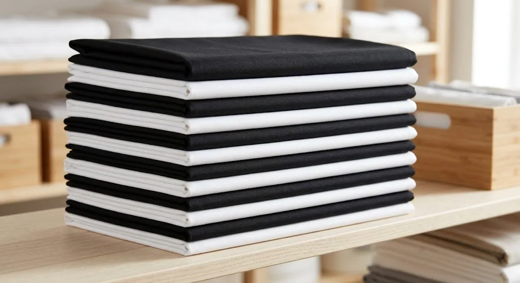 Folded white and black table linens